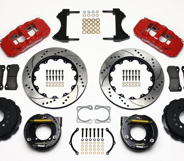 Wilwood AERO4 Rear P-Brake Kit 14.00in Drilled Red Chevy 12 Bolt-Spec 3.15in Brng