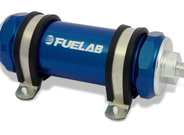 Fuelab 828 In-Line Fuel Filter Long -6AN In/Out 40 Micron Stainless - Blue