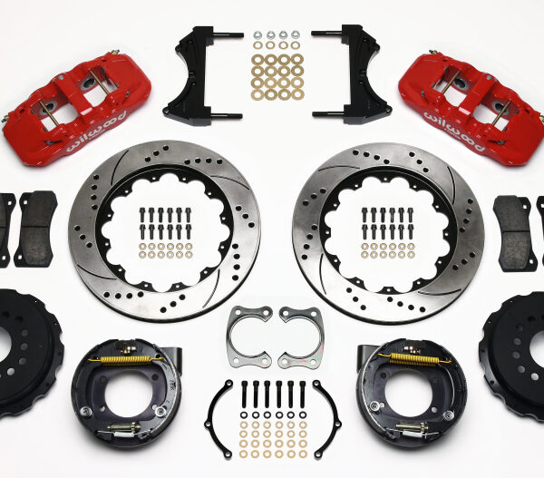 Wilwood AERO4 Rear P-Brake Kit 14.00in Drilled Red Big Ford New Style 2.36in Offset