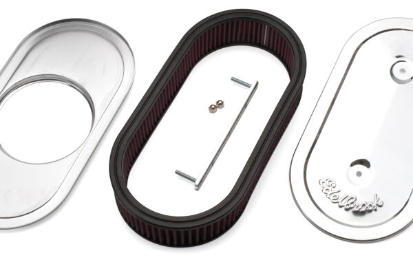 Edelbrock Air Cleaner Pro-Flo Series Oval Steel Top Cloth Element 13 5In X 7In X 3 5In Chrome