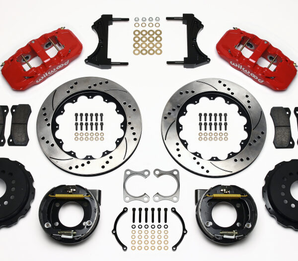 Wilwood AERO4 Rear P-Brake Kit 14.00in Drilled Red Big Ford Old Style 2.36in Offset