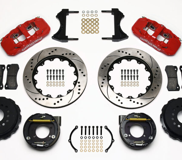Wilwood AERO4 Rear P-Brake Kit 14.00in Drill Red Ford 8.8 w/2.5in Offset-5 Lug