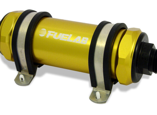 Fuelab 828 In-Line Fuel Filter Long -6AN In/Out 10 Micron Fabric - Gold