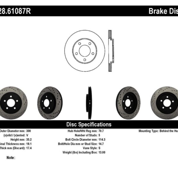StopTech 05-10 Ford Mustang V6/4.0L / GT V8/4.6L Cross Drilled Right Rear Rotor