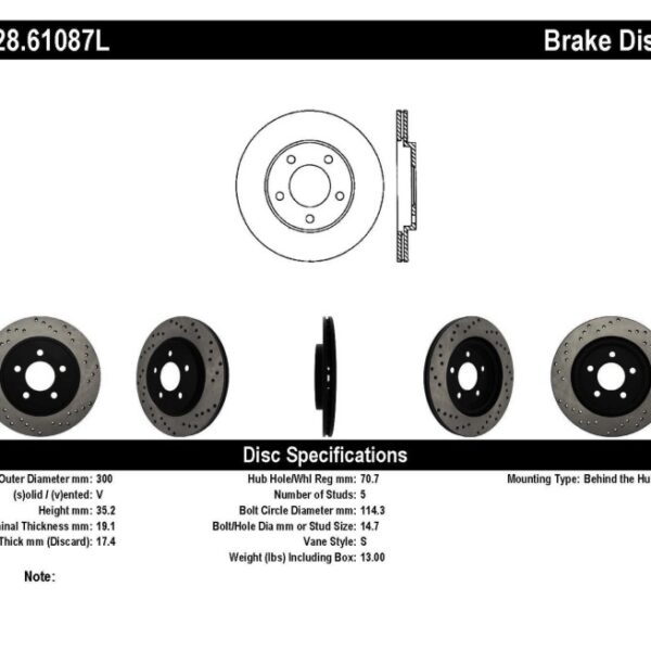 StopTech 05-10 Ford Mustang V6/4.0L / GT V8/4.6L Cross Drilled Left Rear Rotor