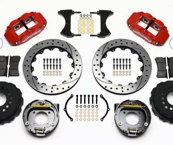 Wilwood Narrow Superlite 4R Rear P-Brk Kit 12.88in Drilled Red Chevy 12 Bolt-Spec 3.15in Brng Front