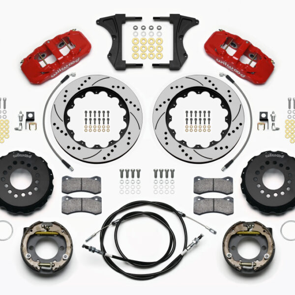 Wilwood AERO4 Rear Kit 14.00 Drilled Red 2005-2014 Mustang w/ BMR Suspn. w/Lines