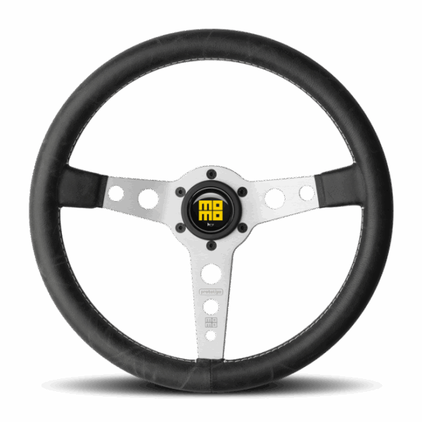 Momo Prototipo Steering Wheel 350 mm - Black Leather/White Stitch/Brshd Spokes