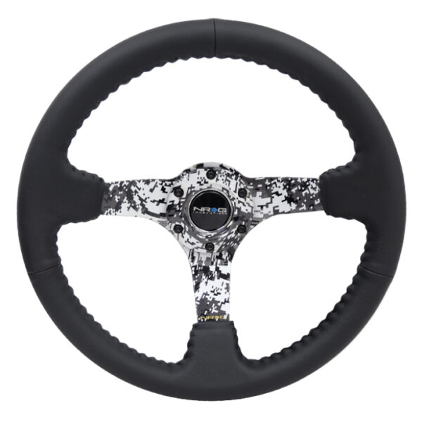 NRG Reinforced Steering Wheel (350mm / 3in. Deep) Blk Leather w/Hydrodipped Digi-Camo Spokes