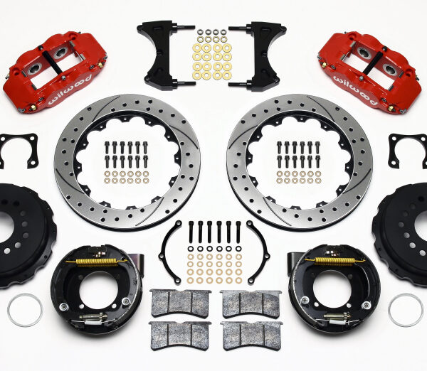 Wilwood Narrow Superlite 4R Rear P-Brk Kit 12.88in Drilled Red Chevy 12 Bolt-Spec 3.15in Brng