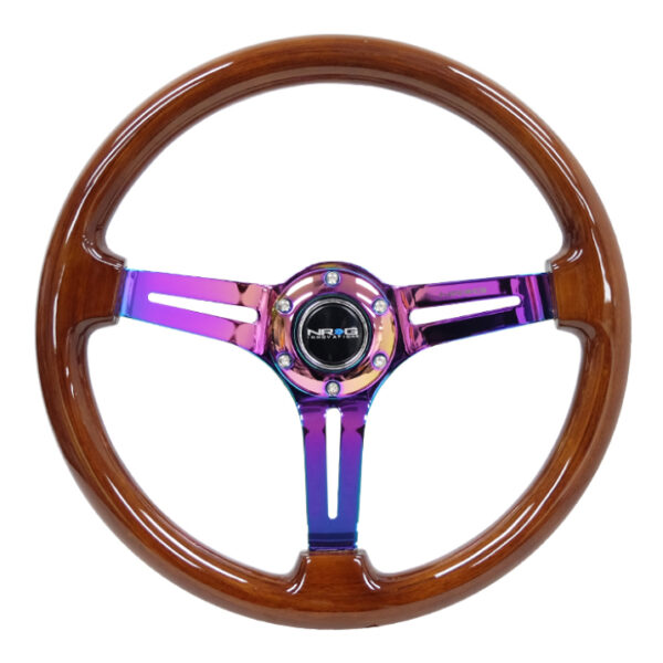 NRG Reinforced Steering Wheel (350mm / 3in. Deep) Brown Wood w/Blk Matte Spoke/Neochrome Center Mark