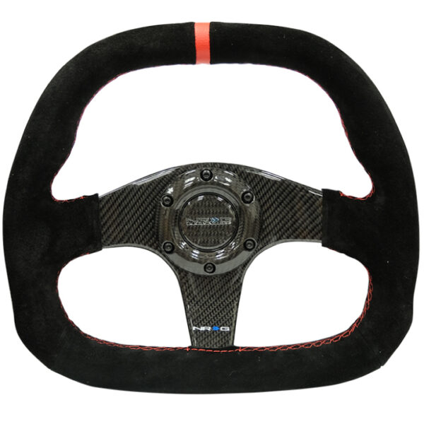 NRG Carbon Fiber Steering Wheel (320mm) Flat Btm. Blk Suede/Red Stitch w/CF Spokes & Red Center Mark