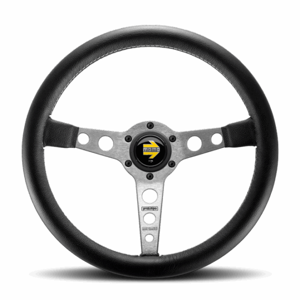 Momo Prototipo Steering Wheel 350 mm - Black Leather/Wht Stitch/Brshd Spokes