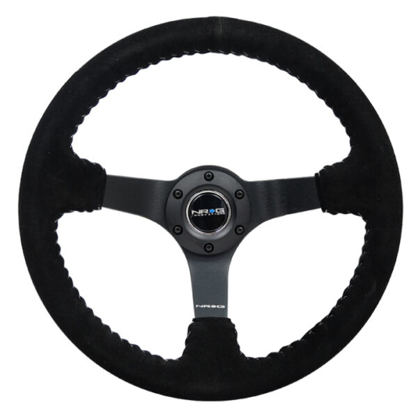 NRG Reinforced Steering Wheel (350mm / 3in. Deep) Blk Suede/Silver BBall Stitch w/5mm Mt. Blk Spokes