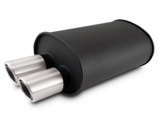 Vibrant Streetpower Flat Blk Muffler 9.5x6.75x15in Body 2.5in Inlet ID 3in Tip OD w/Dual Angle Tips