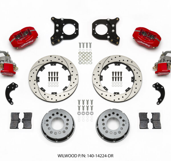 Wilwood Forged Dynalite P/S Rear Kit w/MC4 P-Brake Drill Red Chev 12 Bolt w/Clip Eliminator