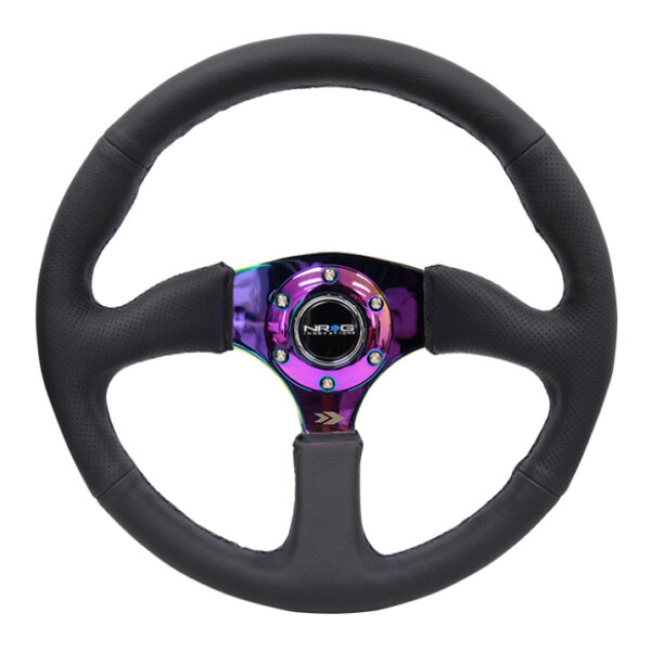 NRG Reinforced Steering Wheel (350mm / 2.5in. Deep) Leather Race Comfort Grip w/4mm Neochrome Spokes