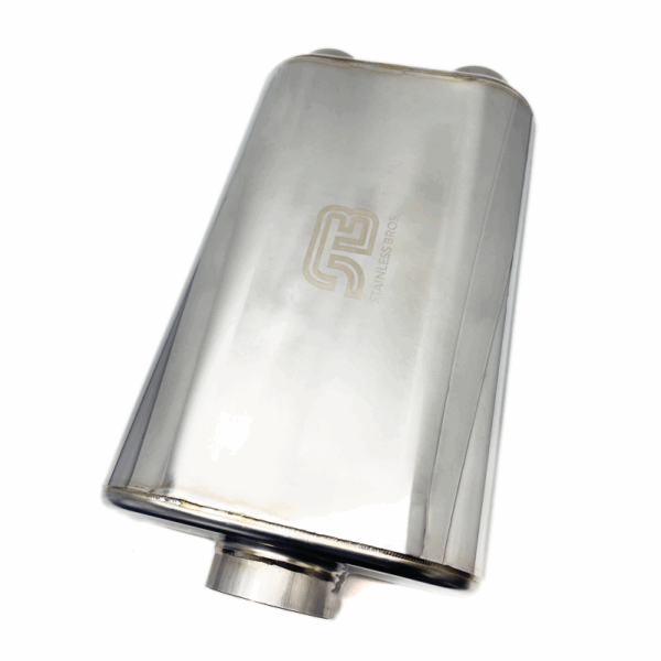 Stainless Bros 17in OAL 3in Oval SS304 Polished Finish Muffler - 3in Center In/2.5in Dual Out