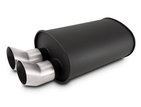 Vibrant Streetpower Flat Blk Muffler 9.5x6.75x15in Body 2.5in Inlet ID 3in Tip OD w/Dual DTM Tips