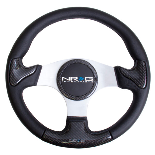 NRG Carbon Fiber Steering Wheel (350mm) Silver Frame Blk Stitching w/Rubber Cover Horn Button