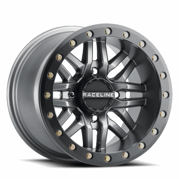 Raceline A91G Ryno 15x7in/4x156 BP/10mm Offset/132.5mm Bore - Gunmetal & Black Ring Beadlock Wheel